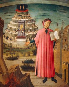 Dante Alighieri mit der Göttlichen Komödie in der Hand und den Bergen des Fegefeuers im Hintergrund (Detail) von Domenico di Michelino