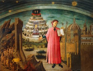 Göttliche Komödie, von Dante Alighieri (1265-1321), von Domenico di Michelino (1417-1491), Fresko, Basilika Santa Maria del Fiore, Florenz, Italien von Domenico di Michelino