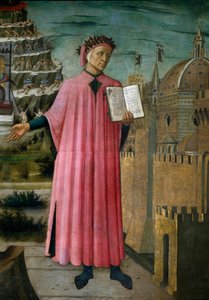 Der italienische Dichter Dante Alighieri (1265-1321) präsentiert sein Werk „Die göttliche Komödie“. Detail. Fresko von Domenico di Michelino (1417-1491), Kathedrale Santa Maria del Fiore, Florenz. von Domenico di Michelino