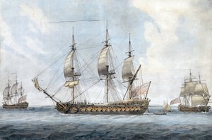 Porträt eines britischen 74-Kanonen-Schiffs, in Solent (England), aus drei verschiedenen Blickwinkeln. Gemälde von Dominic Serres dem Älteren (1719-1793), Aquarell um 1788