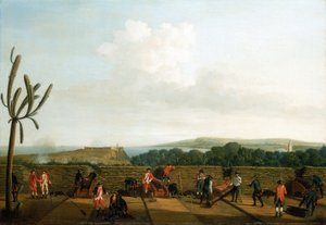 Siebenjähriger Krieg (1756-1763): Die Eroberung von Havanna (Kuba) im Jahr 1762, die britische Kanonenbatterie vor der Morro-Burg, installiert auf einer Holzplattform, mit einem Schutzwall, die Kanoniere sind in Blau gekleidet, am Horizont die Morro-Burg