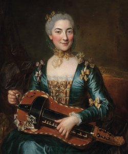 Porträt einer Dame, die eine Drehleier spielt