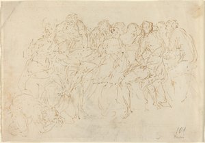 Maria Magdalena wäscht die Füße Christi, acht Jünger schauen zu [recto] von Donato Creti