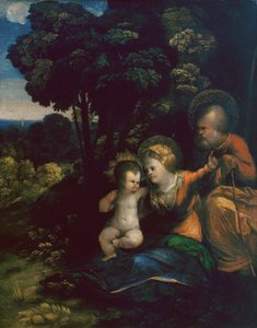 Ruhe auf der Flucht nach Ägypten, von Dosso Dossi, in der Uffizien-Galerie in Florenz