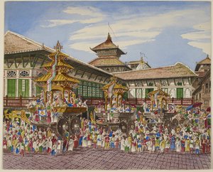 Die Kumari Jatra. Drei Tempelwagen vor dem Hanuman Dhoka, Kathmandu