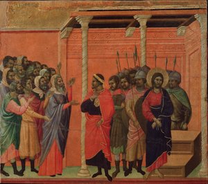 Jesus von den Pharisäern angeklagt. Maestà-Altarbild