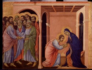 Maria verabschiedet sich von Johannes, außen schütteln die Apostel Petrus und Paulus die Hände (Detail) von Duccio di Buoninsegna