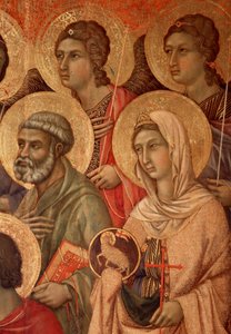 Madonna mit Kind auf dem Thron, Detail mit St. Peter und St. Agnes (La Maestà) von Duccio di Buoninsegna