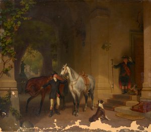 Reiter mit zwei Pferden vor Schloss von Düsseldorfer Maler um 1850