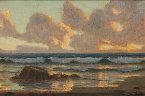 Wellen brechen, Sonnenuntergang