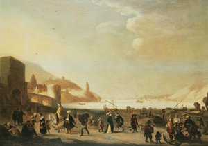 Ein Hafen mit Straßenverkäufern und Bauern im Vordergrund