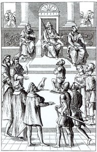 Beichte zur Wiedergutmachung vor dem Tribunal, nach einem Holzschnitt in Praxis Rerum Criminalium von Joos de Damhouder (1507-81) veröffentlicht in Antwerpen, 1556 von Dutch School