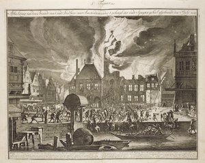 Brand im alten Amsterdamer Rathaus, 17. Juli 1652, aus einem Buch über die Brandbekämpfung in Holland, veröffentlicht um 1700 von Dutch School
