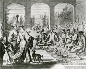 Jesuiten mit niederländischen und portugiesischen Kaufleuten am japanischen Hof, ca. 1670 (Stich) von Dutch School