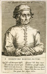 Porträt von Hieronymus Bosch (ca. 1450-1516) Tafel 3 aus einer Serie von Künstlerporträts, graviert von Theodor Galle (1571-1633)