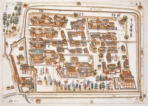 Die chinesische Fabrik in der Straße von Teng-chan in Nagasaki, gegründet 1688, aus Illustrationen von Japan von Isaac Titsingh, veröffentlicht in London, 1822 von Dutch School