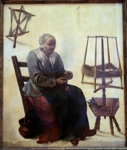 Die Spinnerin. Gemälde des Meisters der Delfter Schule (17. Jahrhundert) 1680 Genf
