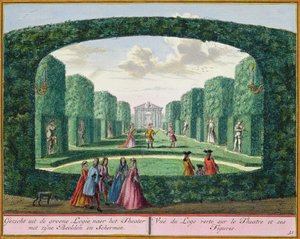 Blick von der grünen Loggia zum Theater, aus Het Zeganplant Kennemerlant, von Hendrick de Leth und Matthias Brouerius Van Nidek, veröffentlicht ca. 1700-1730 von Dutch School
