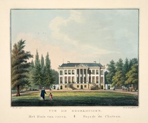 Ansicht von Broekhuisen. Das Haus von vorne. Fassade des Schlosses von Dutch School