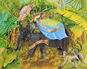 Elefant mit Affen und Sonnenschirm, 2005