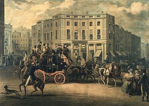 "The Age" Brighton Coach am Bull and Mouth, Regent Circus (Gravur) von E. F. Lambert