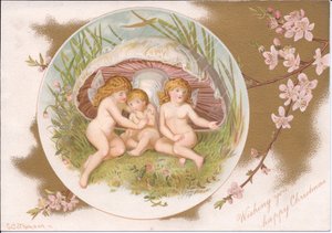 Eine viktorianische Weihnacht von einer Gruppe von Feen, die sich vor dem Regen unter einem Pilz schützen, von Gertrude Thompson, ca. 1895