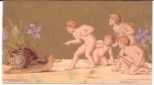 Eine viktorianische Grußkarte von vier nackten Feen, die eine Schnecke necken, vor einem goldenen Hintergrund