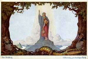 Geschichte. Vereinigung von Österreich und Deutschland. Allegorie von E. Kutzer, Österreich, um 1920 (Postkarte)
