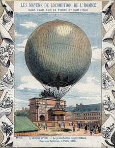 Betrieb der Inflation und Ausrüstung des Fesselballons von Henry Giffard in den Tuilerien in Paris 1878 - Aus einem Schutzumschlag für Schulbücher, Ende des 19. Jahrhunderts - Illustration von E. Letellier - Weltausstellung von 1878 in Paris: Inflation von von E. Letellier