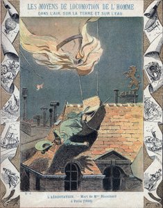 Der Tod von Marie Blanchard, Ehefrau des Luftfahrtpioniers Jean Pierre Blanchard, als ihr Ballon während einer Vorführung über Paris am 6. Juni 1819 Feuer fing - Aus einem Schutzumschlag für Schulbücher, Ende des 19. Jahrhunderts - Tod von Madame Blanchard von E. Letellier
