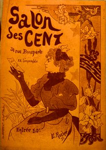 Eine Frau, die eine Einladung untersucht, Salon des Cent von E. Rocher