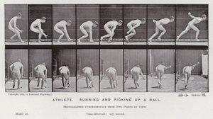 Die menschliche Figur in Bewegung: Athlet, der läuft und einen Ball aufhebt