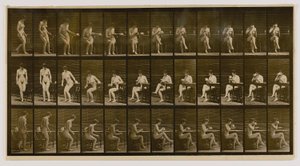 Frau sitzt, Beine gekreuzt, trinkt aus Teetasse, aus dem Buch Animal Locomotion von Eadweard Muybridge