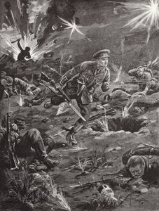 Leutnant Benjamin Geary eilt unter schwerem Granatfeuer zu einem Graben rechts von Hill 60, um Kontakt mit einem Offizier aufzunehmen, Ypern, Belgien, April 1915 von Edgar Alfred Holloway