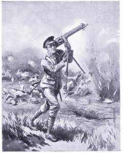 Private Lynn trägt ein Maschinengewehr zur Reparatur unter schwerem Beschuss in der Schlacht von Aisne. Ausgezeichnet mit DCM 1915