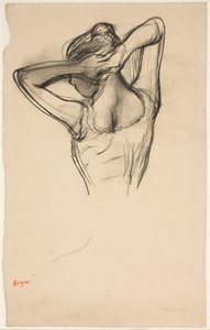 Tänzerin, die ihr Haar richtet; Halbfigur im Profil nach links, halb von hinten von Edgar Degas