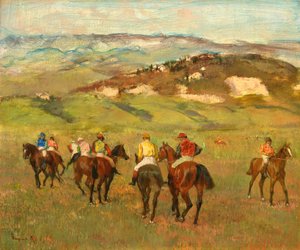 Jockeys zu Pferd vor fernen Hügeln, 1884 von Edgar Degas