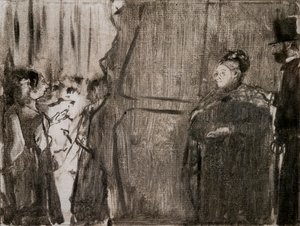 Treffen mit Ludivic Halevy und Madame Cardinal hinter den Kulissen. Um 1876-1877. Monotypie mit schwarzer Tinte. von Edgar Degas