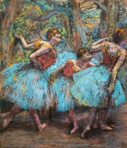 Drei Tänzerinnen (blaue Röcke, rote Korsagen) von Edgar Degas