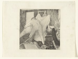 Frau steigt aus dem Bad und bekommt ein Handtuch von einer Frau gereicht von Edgar Degas