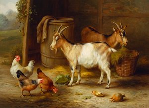 Hühner und Ziegen an einer Scheunentür von Edgar Hunt