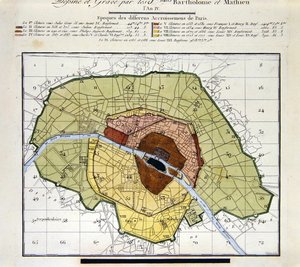 Detail des Atlas du Plan General de la Ville de Paris, das die verschiedenen historischen Erweiterungen der Stadt zeigt von Edme Verniquet