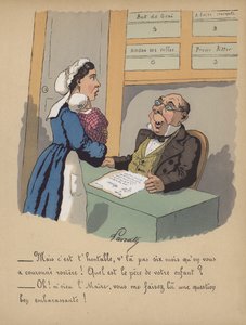 Eine Mutter meldet ihr Baby im Rathaus an (Farblitho) von Edmond Lavrate
