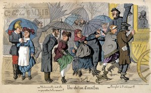 Eine Omnibushaltestelle im Regen - humoristische Zeichnung von Lavrate, ca. 1880