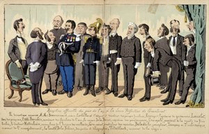 Karikatur über die französische Gesellschaft von Lavrate: die verschiedenen Figuren aus dem öffentlichen Dienst, Verwaltungsdienste... bei einem offiziellen Empfang. 1880 von Edmond Lavrate