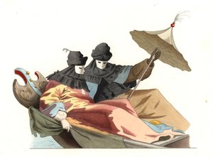 Venezianer mit Bauta-Maske, Italien 18. Jahrhundert, basierend auf einem Gemälde von Giovanni Antonio Canal dit Canaletto (1697-1768) - Lithographie basierend auf einer Illustration von Edmond Lechevallier-Chevignard (1825-1902), aus „Historische Kostüme d