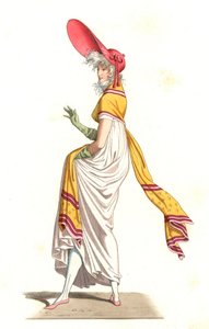 Junge Französin in der Mode der Wunderbaren des 18. Jahrhunderts, nach einem Gemälde von Carle Vernet (1758-1836) - Lithographie nach einer Illustration von Edmond Lechevallier-Chevignard (1825-1902), aus „Costumes historiques des 16th“
