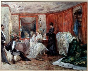 Theaterkomödiantin Hortense Schneider in ihrer Garderobe im Théâtre des Variétés. Aquarell von Edmond Morin