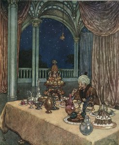 Die Schöne und das Biest: Belles Vater kommt am Schloss an und entdeckt einen Tisch voller Speisen, ca. 1910 von Edmund Dulac