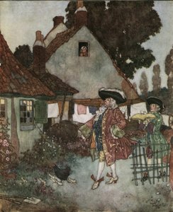 Aschenputtel: der Minister sucht in allen Hütten und Häusern des Königreichs nach dem Mädchen, das ihren Schuh aus Vair verloren hat, ca. 1910